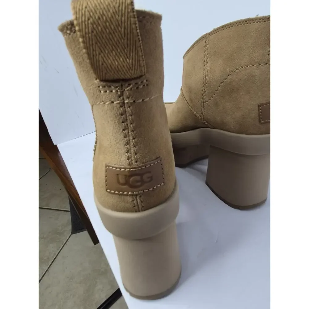 UGG New Heights Platform Mini Boot Tan Suede Shearling Lined Heel Women’s Size 8